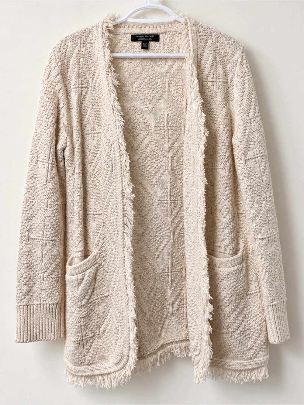 Banana Republic Cream Textured Fringe Open-Front Cardigan